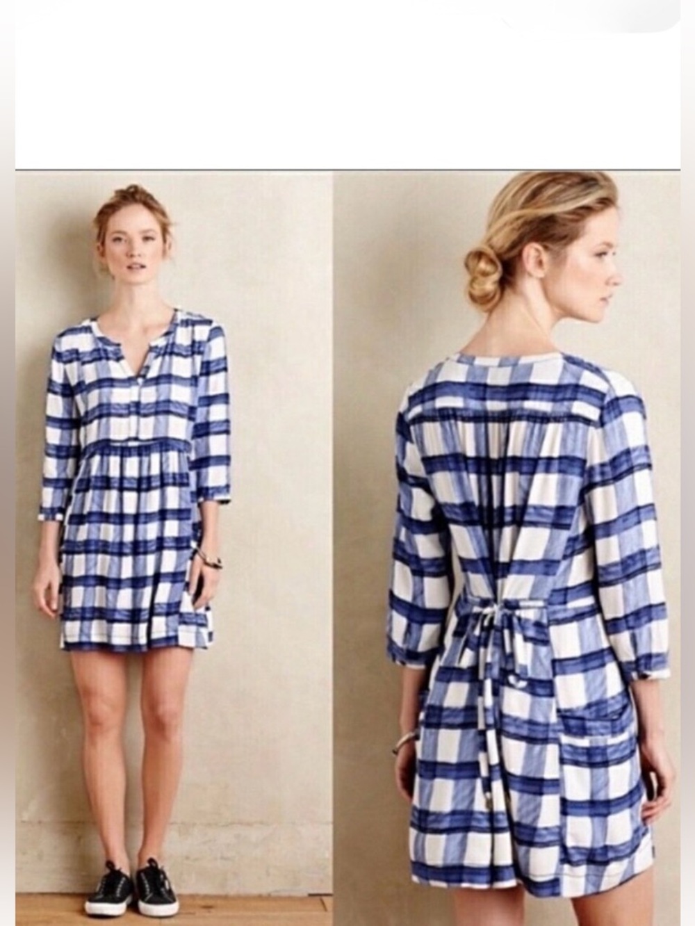 Maeve Blue and White Checked Tie-Back Mini Dress